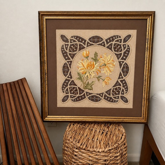 Handmade Other - Vintage Brown Gold Silk Thread Embroidered Floral Lace Muslin Framed Art 28x28